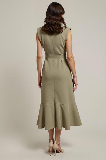 Ruffled Hem Grey Green V Neck Work Dress